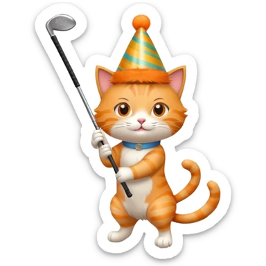 cat swinging a golf club with a birthday hat sticker