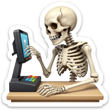 Skeleton at his computer, raging at a video game and slamming his head into his desk sticker