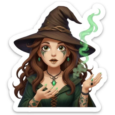 forest witch woman long wavy brown hair tattoos blowing glowing powder toward viewer sticker