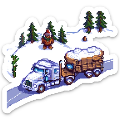 2026 Kenworth W680 flat top semi sleeper with stacks chasing an abominable snowman down the road, pixel art style sticker