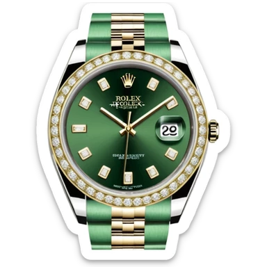 A imagem mostra um Rolex Datejust "Iced Out", totalmente coberto por diamantes na caixa, luneta e pulseira Jubilee. O mostrador também é cravejado (estilo pavé), apresentando algarismos romanos pretos e a lente de data Cyclops. O relógio é exibido em sua caixa oficial verde e bege. sticker