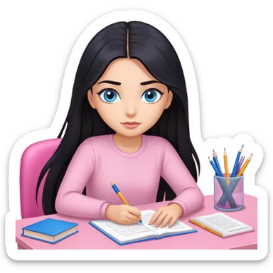Girl with long black hair, blue sharp eyes, eyelashes, studying on a pink desk sticker