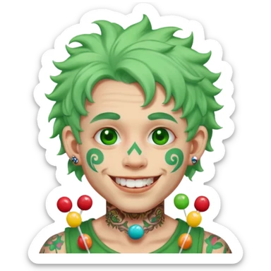 very colorful puffy green haired man made out of candy  and excessive face tattoos and excessive piercing just face  sticker