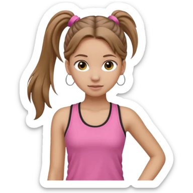 Девушка, светло русые, длинные волосы, собранные в хвост, серые глаза, розовая майка без рукавов и серые штаны sticker