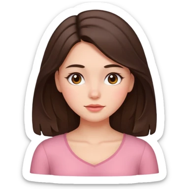 Brunette girl with chest length hair and blushh sticker