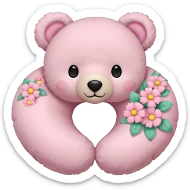 soft pink teddy bear, floral neck pillow with pastel flowers sticker