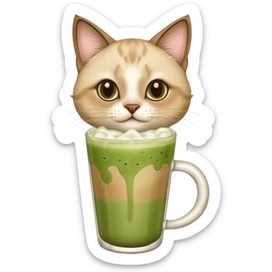 Happy Siamese Cat holding in its front two paws an iced matcha latte sticker