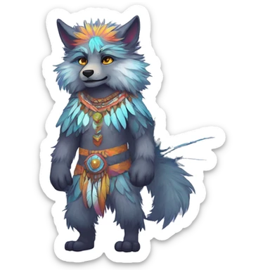 Anthro Fluffy Colorful Shy Spiritual Shamanic WereWolf-sona With Shiny Tribal Markings wearing feathers Full Body sticker