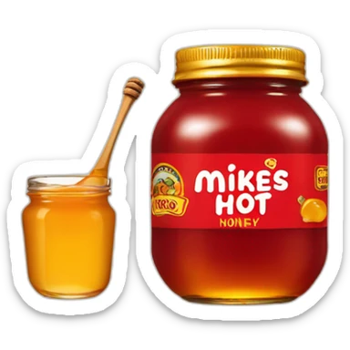 A red-text Mikes hot honey logo with a honey mini red jar sticker
