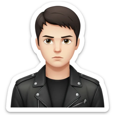 Danila Bagrov from Brother 2 movie, young Russian man with short dark hair, serious expression, wearing black leather jacket sticker