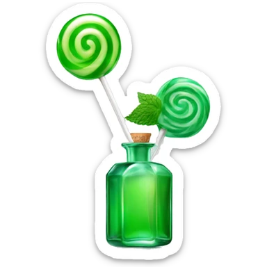 A glass bottle of perfume, like a lollipop, mint, glossy and emerald, shiny, rectangular in shape with a heart-shaped lollipop in the middle sticker