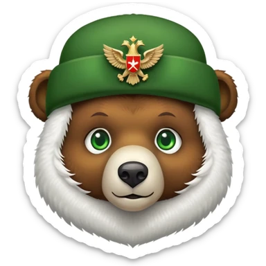 Cute brown bear face with bright green eyes wearing white fluffy ushanka hat with detailed Russian double-headed eagle emblem clearly visible in center, iOS emoji style sticker