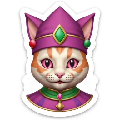court jester cat medieval, single poker card joker clearly visible, pink, face only, round badge,  court jester cap sticker