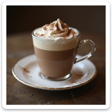 a realistic cup of mocha, photorealistic style, topped with whipped cream and cocoa powder, elegant saucer, warm lighting sticker