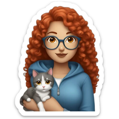 a curvy girl with red curly hair and blue glasses with a white and gray cat in her arms sticker