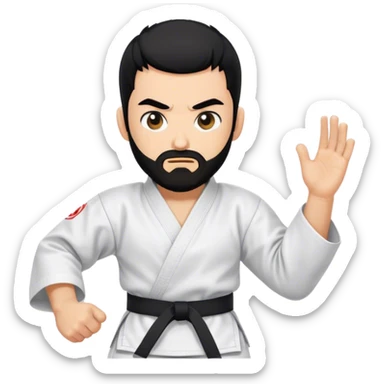 Dizzy fighter emoji, karate gi, swirling eyes, trimmed beard, medium-length black hair, short sides, hair forward, simple style. sticker