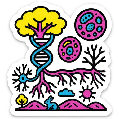 A realistic biological illustration (like in a school book) showing: DNA strands transitioning into a tree, cells with visible organelles, neurons connected to plant roots  and a balanced ecosystem background . Seamless integration, no labels or borders, complete white background (not off white!), detailed but minimalist.  sticker