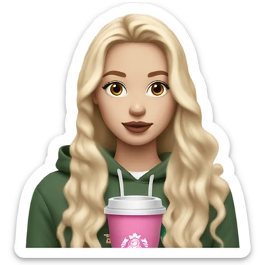 Light White skin girl with long blonde hair extensions with pink lips and lashes with a Starbucks in her hand and a beige hoodie on sticker