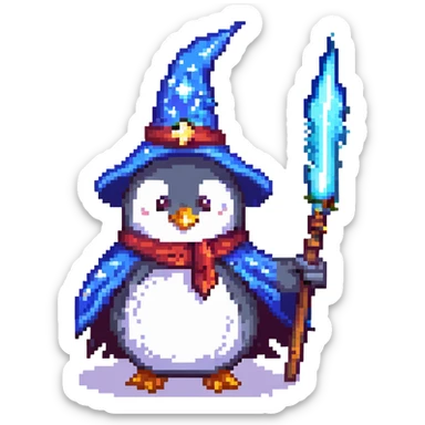 A penguin wizard with a glowing wand and a starry cloak, casting a spell sticker