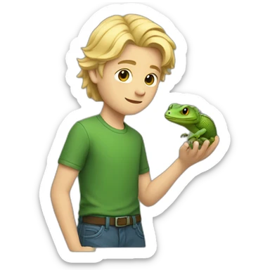 a white boy holding a lizard, wearing a green shirt with side swept blonde hair sticker