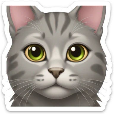 All grey and tan cat with tan spot on her forehead. Green eyes and pink nose sticker