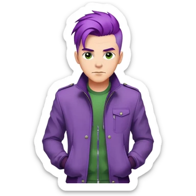 Confident man with purple hair and stylish green jacket, powerful stance like Thanos, modern fashion sticker