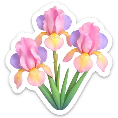 two blooming iris flowers, shiny and smooth, pastel pinks and greens, detailed and graceful, iOS 3D emoji style sticker