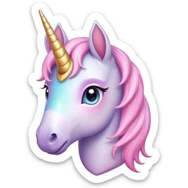 Cinematic Cute Unicorn Pony Portrait Emoji, Head tilted playfully and inquisitively, featuring a charming, diminutive form with a gentle pastel color, a delicate, sparkling horn and large, dreamy eyes full of wonder, Simplified yet irresistibly adorable features, highly detailed, glowing with a warm, magical glow, high shine, affectionate and lively, stylized with a touch of whimsical charm, soft glowing outline, capturing the essence of a mischievous yet endearing unicorn pony that seems as if it could prance out of the screen into your arms! sticker