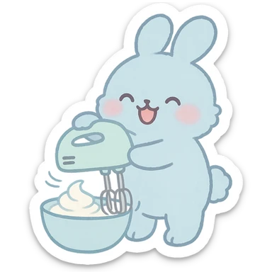 cute kawaii hand mixer rabbit, soft and fluffy, spinning cream, joyful expression, soft pastel blue, full-body sticker