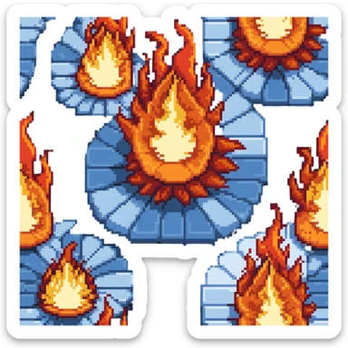 Bomberman downward-facing end-cap explosion tile, flames ending and tapering downward with pronounced flame wisps, orange/yellow with more red at the tips, extending about 70% into down direction sticker