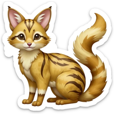 Hyper realistic  honey-gold caramel fur marbled with cream-sugar ripples and satin gloss beautiful elegant pretty precious cute  Fakémon-Pokémon-opossum-feline-serval-caracal-chinchilla-Furret-Minccino-hybrid-creature with a big fluffy bushy tail (full body) sticker