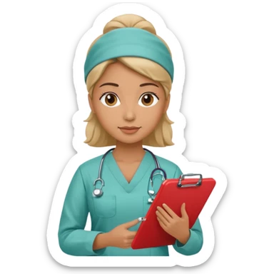female neurosurgeon in scrubs holding clipboard, apple emoji style sticker