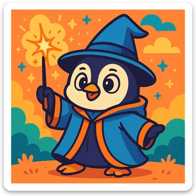 cute penguin wizard casting a spell, wearing a robe and holding a wand, cartoon style sticker