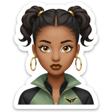“black Emoji girl, fierce confident expression, sharp black winged eyeliner, bold brows, matte nude lips, long curled lashes, sleek high ponytail, gold hoop earrings, sporty streetwear jacket.” sticker