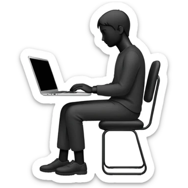 Minimalistic flat vector icon, iOS style, thin black contour on white background. Person silhouette sitting with a laptop, code brackets <> on the screen. Clean, no te sticker