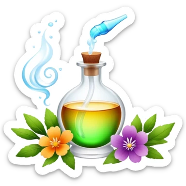 Perfume making icon, delicate glass bottle being filled with colorful essential oils from droppers, swirling mist rising from the bottle, flowers and herbs nearby, minimalistic style, clean lines, transparent background. sticker