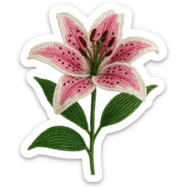 french beaded stargazer lily, beaded flower art, shimmering seed beads, pink and white petals with spots, green leaves, lifelike, no background sticker
