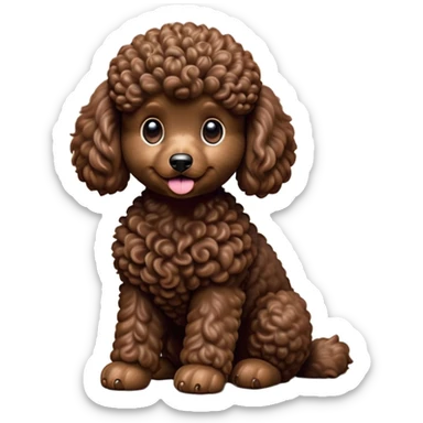 cinematic-[poodle]-realistic-full-body-sitting-emoji,-tail-resting-loosely-beside-its-paws,-head-tilted-dramatically, -curly-[chocolate]-fur,-simplified-yet-realistic-focused-features,-highly-detailed,-glowing-with-an-almost-sarcastic-glow sticker