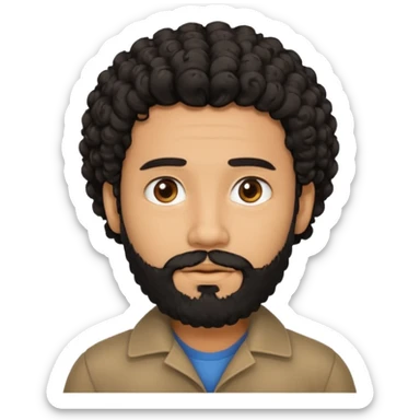 This is a cartoon-style avatar of a man with curly black hair, a beard, and a calm expression  sticker