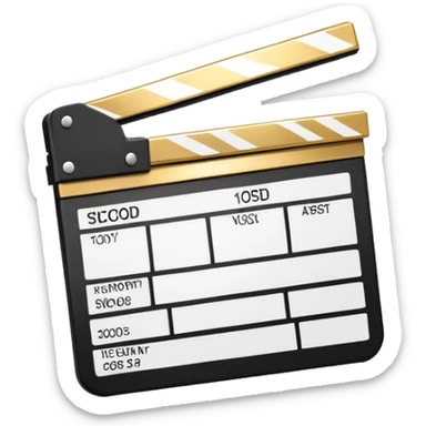 stylized clapperboard with shiny gold upper part and white lower part, diagonal striped pattern sticker