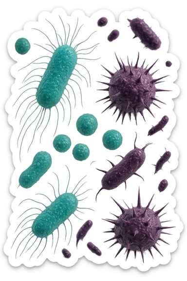 5 BATTERI BUONI E 5 BATTERI CATTIVI FLUTTUANO IN ARIA, I BATTERI BUONI FALLI TURCHESI, I BATTERI CATTIVI FALLI VIOLA, IPERREALISTICO 4K, NON DISEGNATO sticker