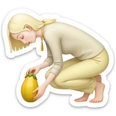 yellow eggplant connected to pregnant person, bowing person facing sideways sticker
