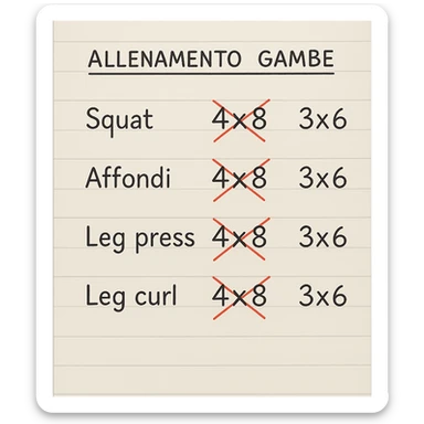 foglio di carta con scheda di allenamento gambe in italiano con volume di allenamento ridotto (fai alcuni esercizi con 4x8 scritti in precedenza sbarrati in rosso e la correzione accanto tipo 3x6), scrivila al meglio che puoi sticker