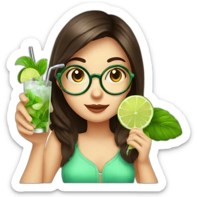 brunette girl + magnifying glass drinking mojito sticker