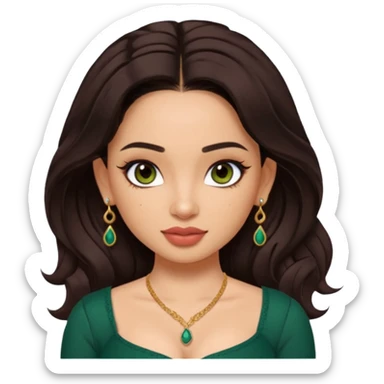 pretty bratz genmoji that looks like tamannah bhatia (bollywood actress), wearing a dark green sweetheart neckline top, dark brown hair, light makeup, no necklace, dangly earrings, side hair part, dark brown eyes, with full tattoos sticker