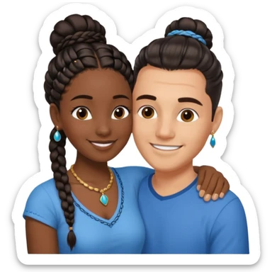 smiling embracing interracial couple from waihair in a bunn in a bunst up. dark ebony woman with long braided hair and jewelry. brazillian man short hair wearing blue. sticker