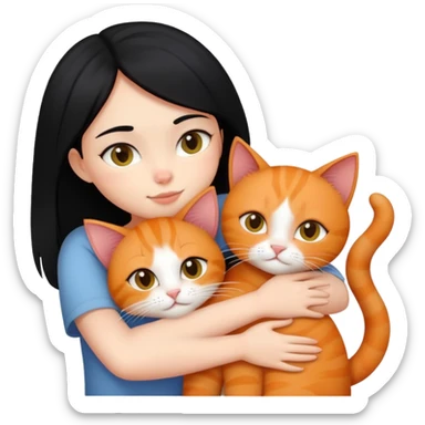 A black-haired girl hugs a ginger cat and A black cat sticker