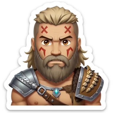 Clash of Clans aesthetic: Cinematic Rugged Barbarian Portrait Emoji, Intense and formidable with a heavily muscled physique, a rugged beard, piercing eyes and battle-worn armor adorned with tribal markings, his complexion a light tan that speaks of hard-fought battles, Simplified yet powerfully detailed features, highly detailed, glowing with a deep, primal energy, high shine, gritty and uncompromising, stylized with an air of raw, untamed power, focused and determined, soft glowing outline, capturing the essence of a barbarian warrior carved by countless battles and poised to lead his clan into epic conflict! sticker