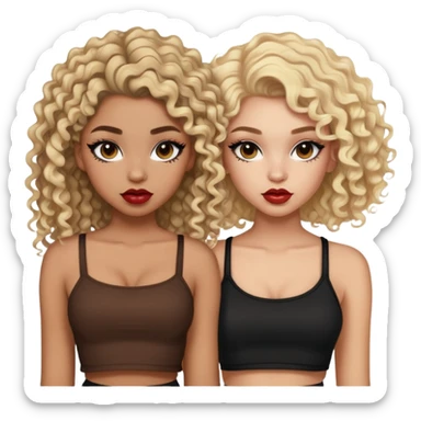 Two teenage girls together, one white with blonde hair and one brown-skinned with curly dark hair, both with heavy makeup, big lips, crop tops and choni style clothing sticker