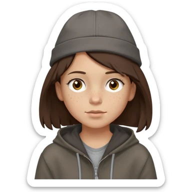 Hobo tomboy with light skin, freckles, shoulder-length center-parted dark brown hair. brown eyes, dark dull brown hoodie, grey shirt. Flat crown bolero hat sticker